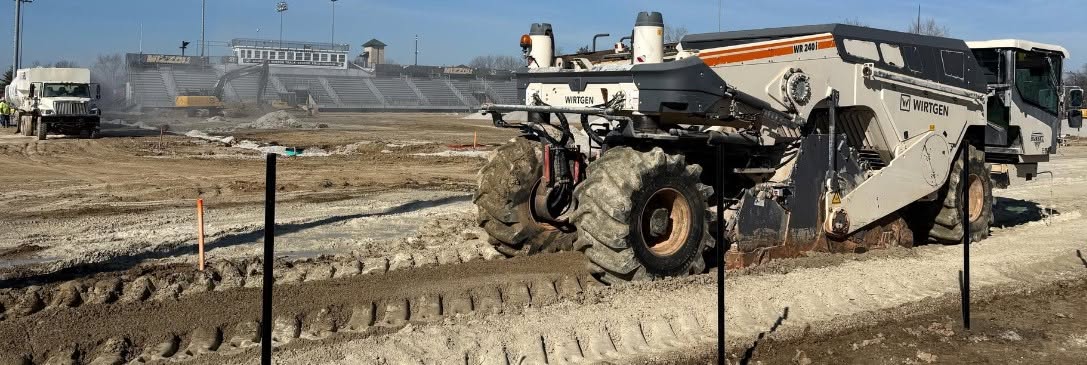 Wirtgen WR 240 reclaimer mixing cement stabilization into the Mizzou baseball subgrade