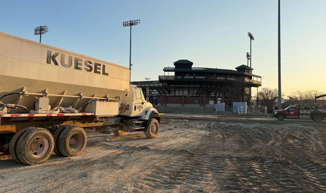 Kuesel lime spreader truck staged at Taylor Stadium for the Mizzou baseball field stabilization