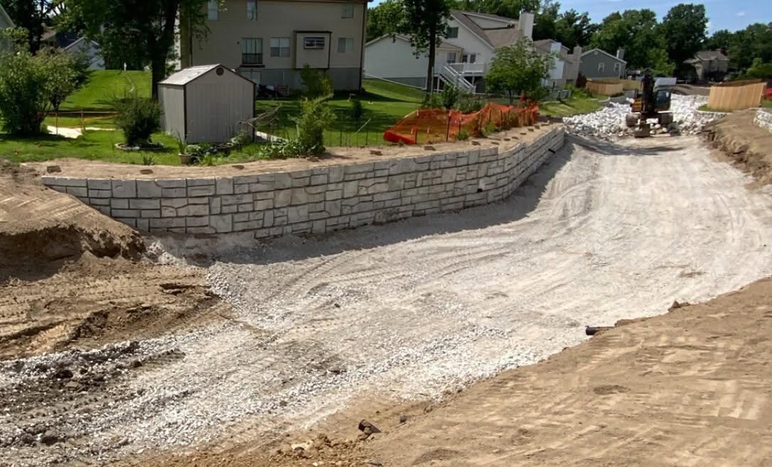 Stormwater channel with retaining wall and rip-rap outfall protection